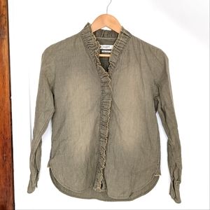 ISABEL MARANT ETOILE Raw Hem Button Down Army Green Distressed Cotton Shirt